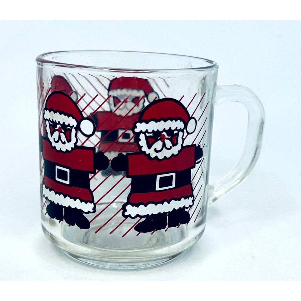 Luminarc Clear Glass Mug Red Santa Print Christmas Holiday Vintage Coffee Tea Ho